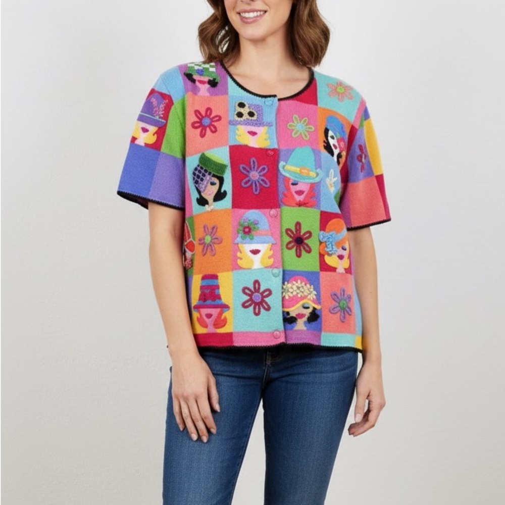 Michael Simon‎ Vintage Embroidered Patchwork 3D faces hats cardigan top size L